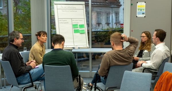 Frauen und Männer beim Austausch in Kleingruppen mit Flipchart
