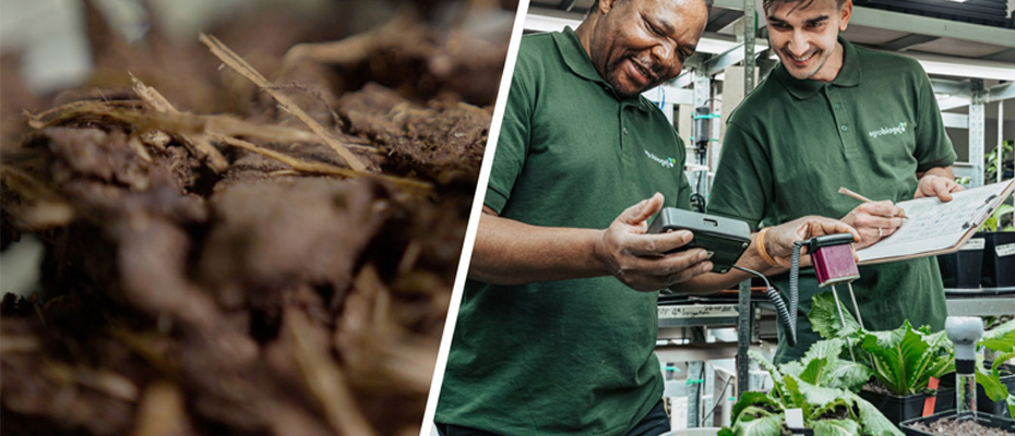 © SuperBark, AgroBioGel Rinde, zwei Männer mit Messgeräten und Pflanzen in Töpfen